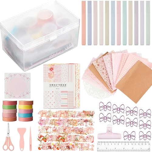 FunooFuno 155 Pcs Pink Scrapbooking Supplies Kit with Storage Box Aesthetic Scrapbook Kit with Pens Scissors for DIY Planner, Bullet Junk Journaling, Junk Journal, Retro Crafts