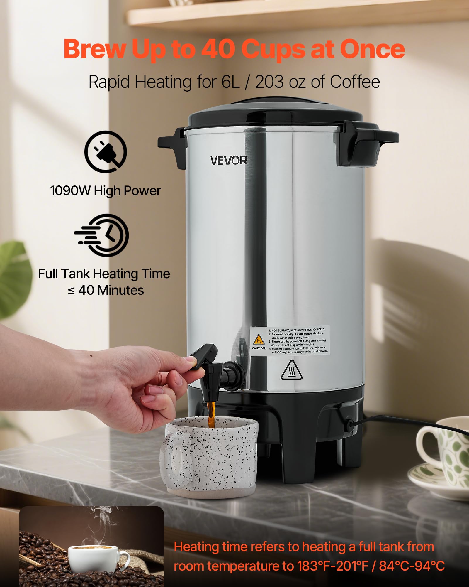 VEVOR Cafetera de 40 Tazas y 6 L, Dispensador de Bebidas Calientes con Grifo Antigoteo, con Control Automático de Temperatura, Ideal para Catering, Fiestas, Iglesias, Restaurantes y Cafeterías