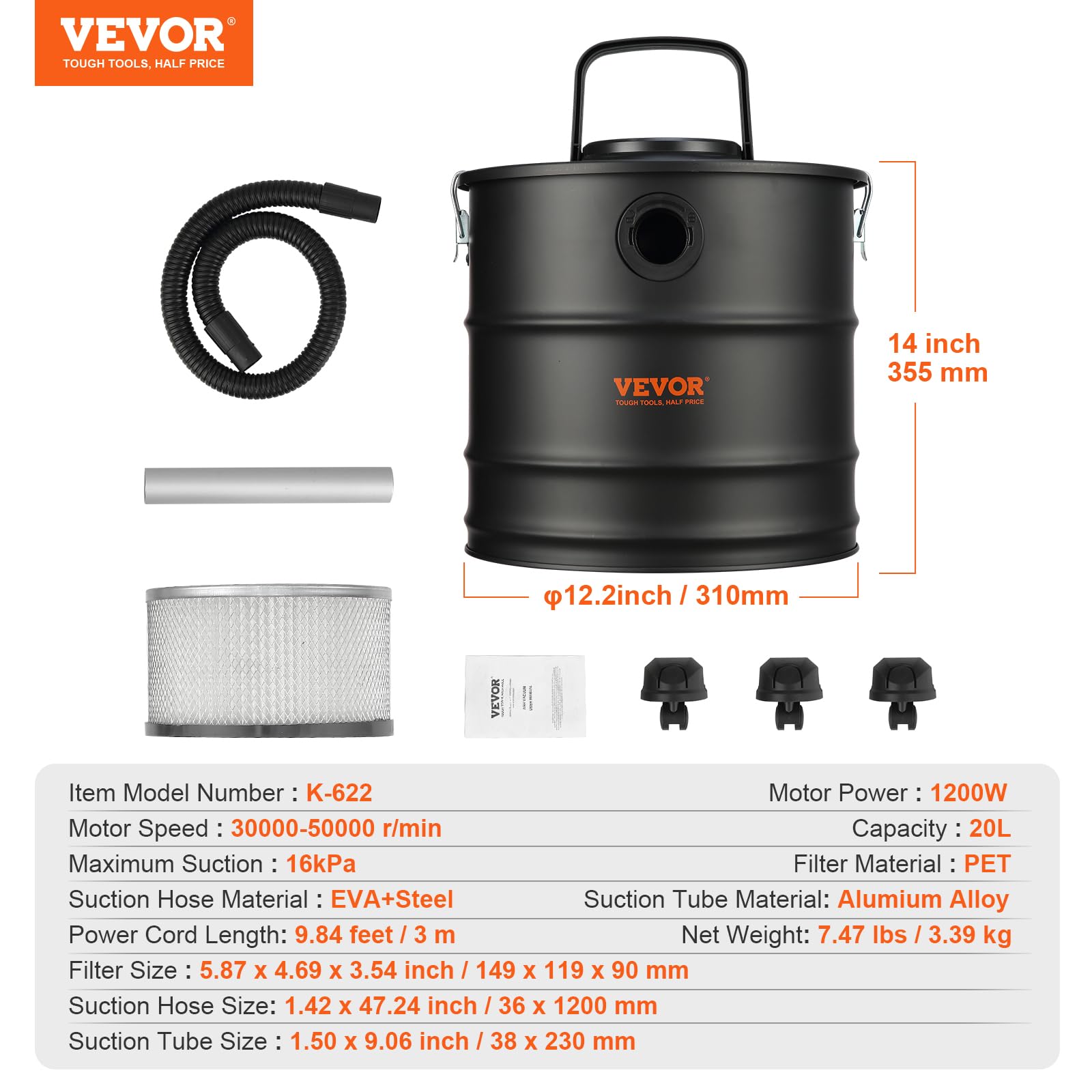 VEVOR Aspirador de Cenizas 20L Potente Aspiración 1200W Aspirador de Pellets de Cenizas con Manguera Flexible de 1,2m Ruedas para Chimeneas Estufas de Pellets Parrillas Hornos de Pizza Brasero de Leña