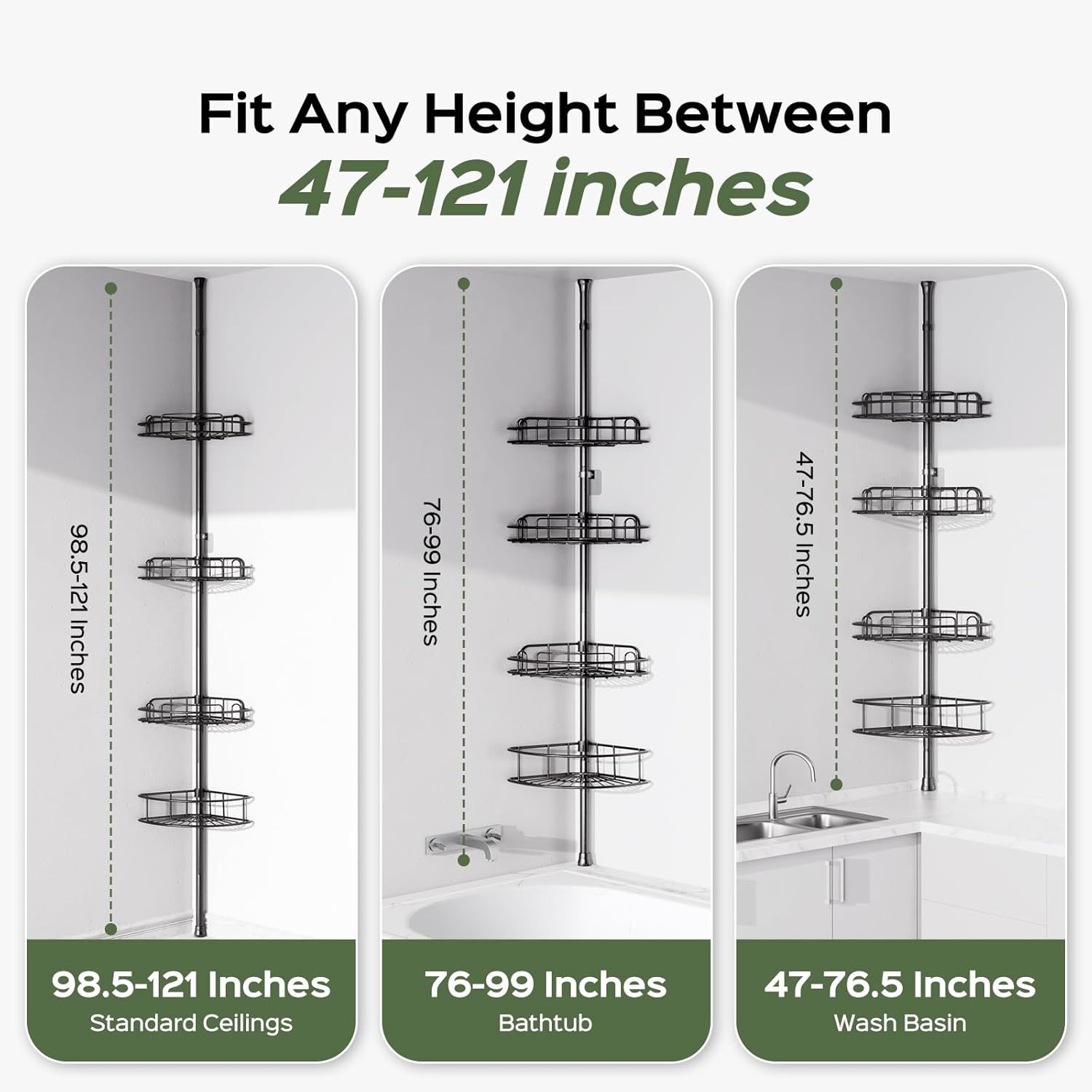 HAMITOR Shower Caddy Tension Pole: 4-Tier Rustproof Bathroom Corner Shelf Organizer for Renters - No Drill Large Shampoo Storage Rack - Adjustable 47-121 Inch - Space Saving Bathtub Accessory - Black