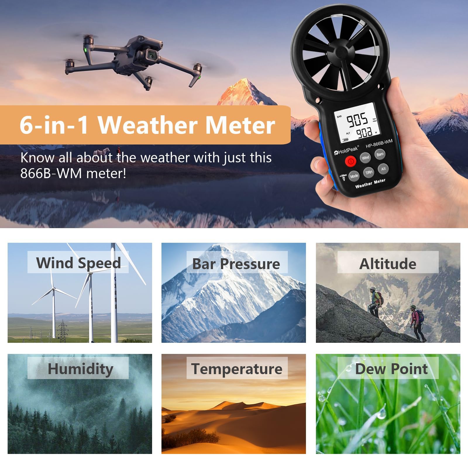 Digitaler Windmesser Anemometer Handheld für Windgeschwindigkeit Temperatur Feuchtigkeit Drohnenflug HVAC