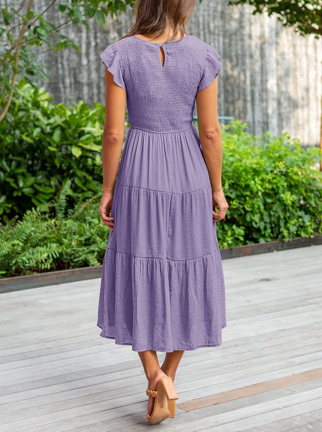 MEROKEETY Women's Flutter Short Sleeve Smocked Midi Dress Summer Casual Tiered A-Line Dress - Image 3