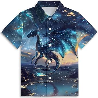 Blue Star Dragon Boys Hawaiian Shirts 3D Graphic Short Sleeve Button Down Dress Shirt Kids Beach Aloha Shirt for 3-14 Years