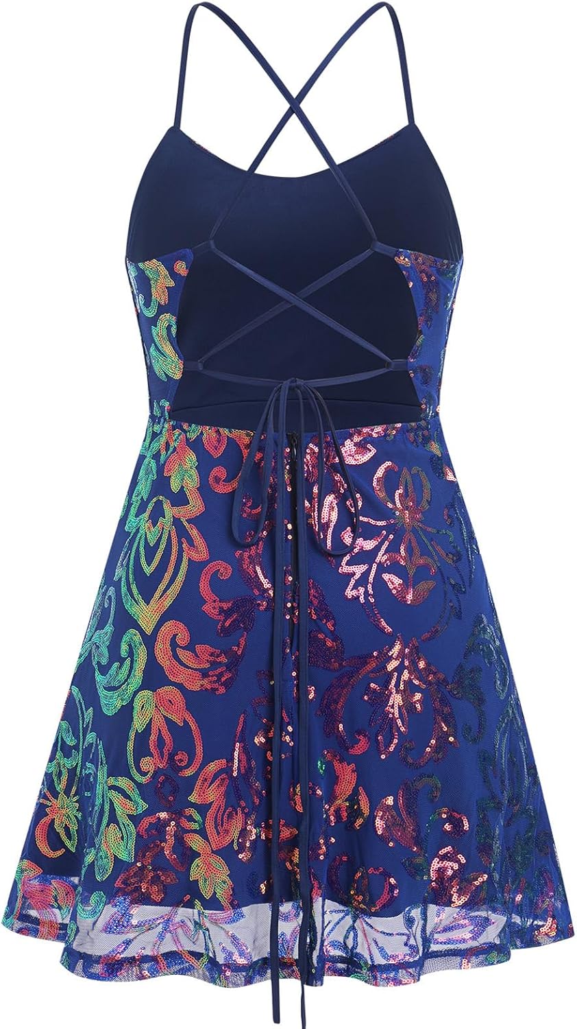 ODIZLI Women's Spaghetti Straps Sparkly Sequins A Line Swing Party Nightclub Dance Mini Dress Above Knee Length - Image 8