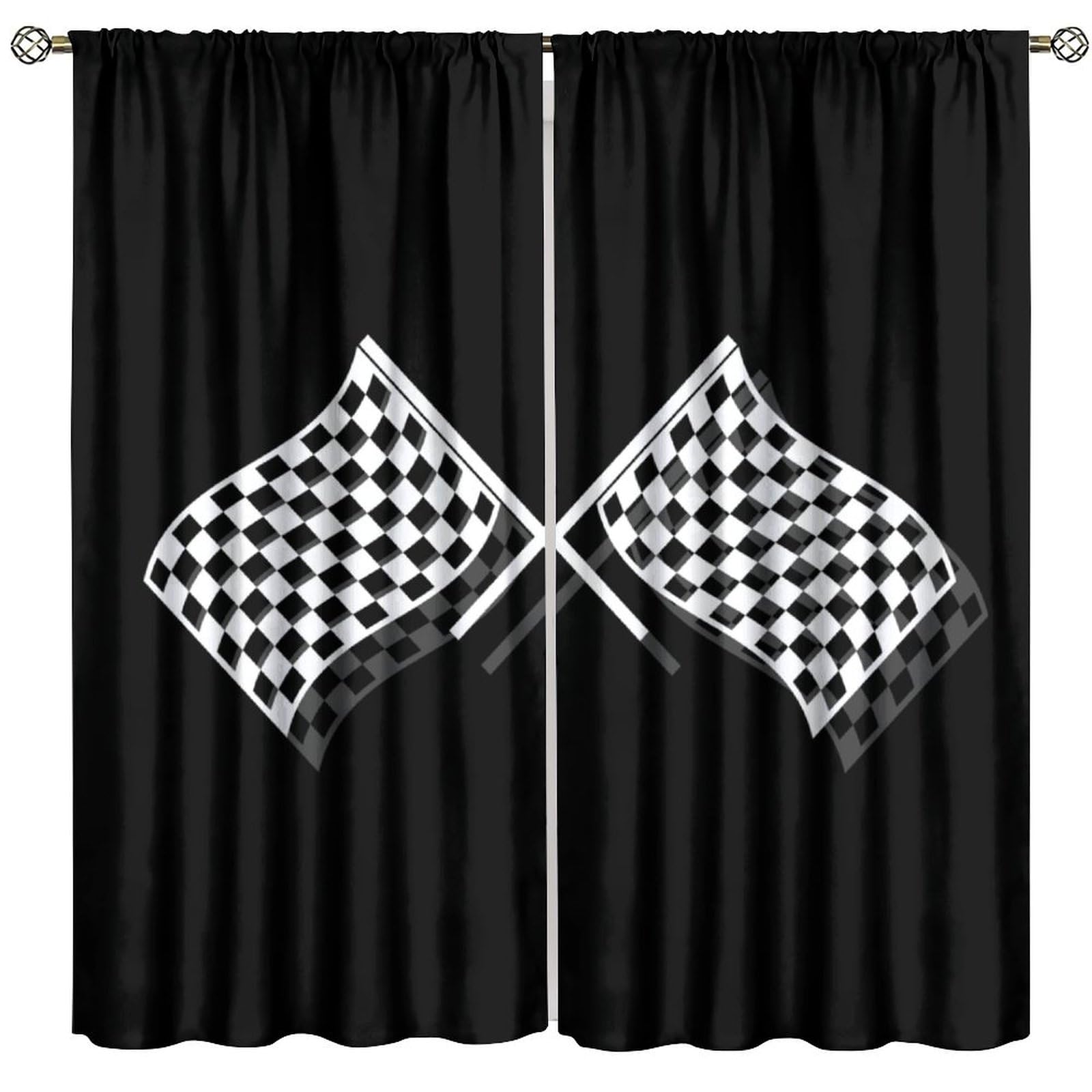 FAOTELY Racing Car Curtains for Boys Flags Extreme Sports Themed Grid Black White Check Pattern 3D Blackout Window Drapes for Bedroom Living Room