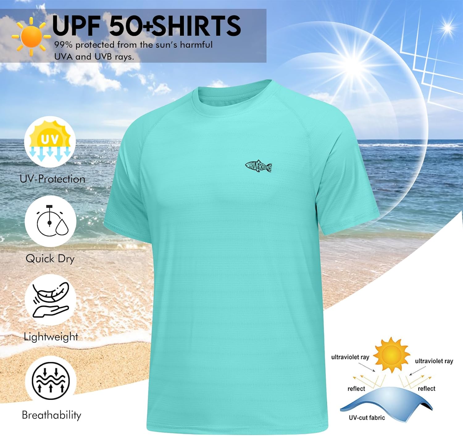 Riverruns Fishing Shirt for Men Short Sleeve UPF 50+ Sun Protection Swim T-Shirt Rash Guard Water Beach Tee - Image 3