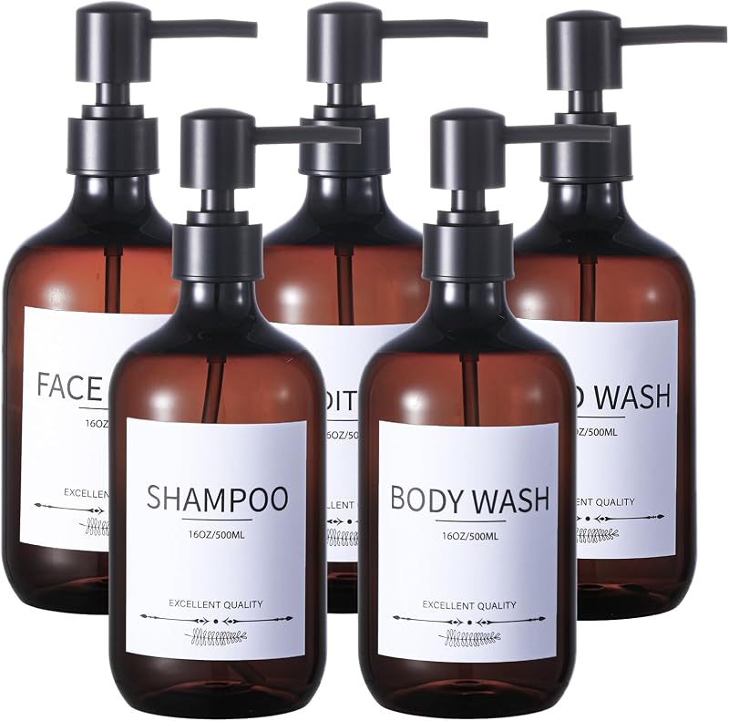 Kit com 5 frascos recarregáveis Mithrgrous com bomba, funil e etiquetas, âmbar