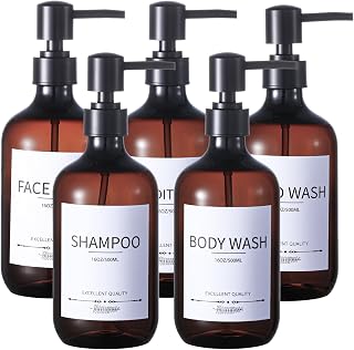 Shampoo and Conditioner Bottles(5Pack),Shampoo Dispenser for Shower,Bottles Refillable with Pump,Bathroom Dispenser Sets(Amber)