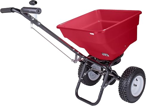 EarthWay Products 2170 100lb Broadcast Spreader Lawn Aerator, Fertilizer Spreader, Grass Seeder, Heavy-Duty Push Spreader with Adjustable Drop Rate, 13-Inch Pneumatic Tires, Side Spread Control, Red