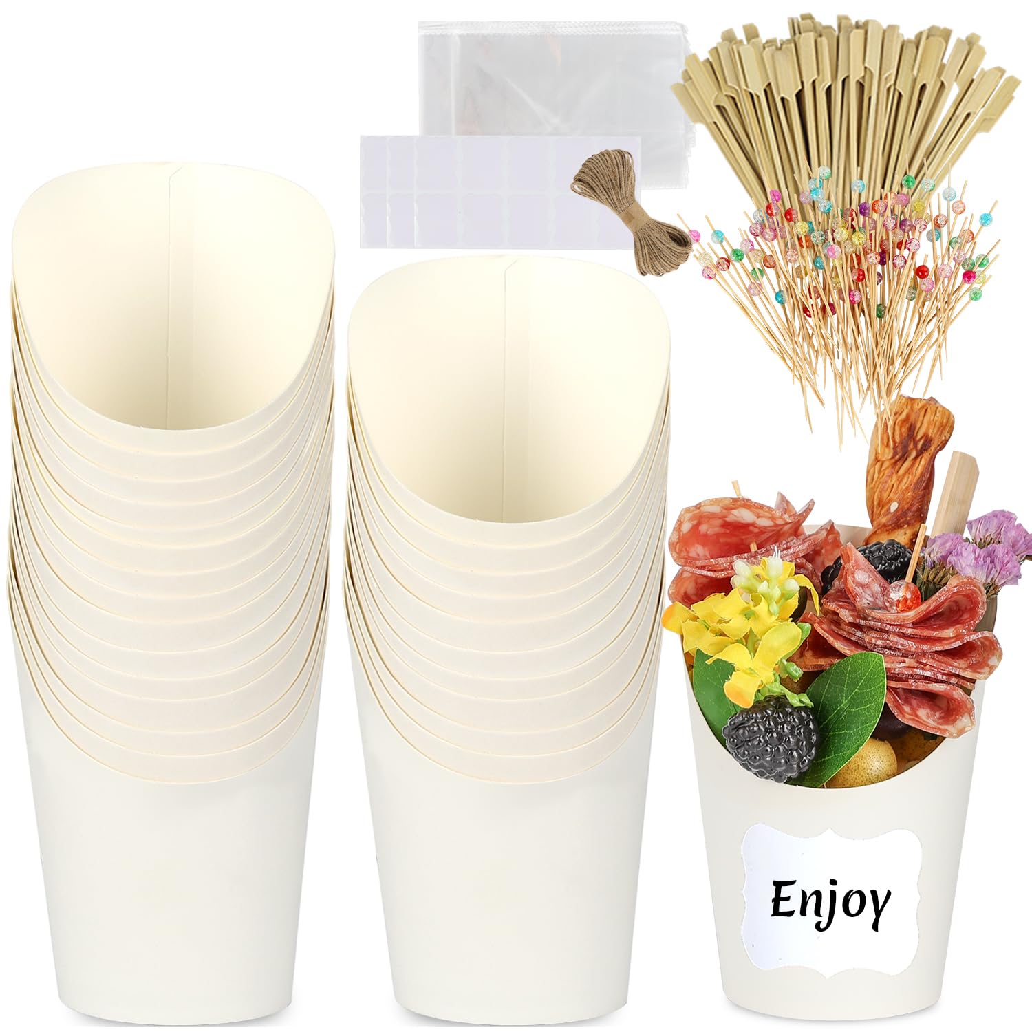 Photo 1 of Woixiow 50 Pcs 14oz Paper White Charcuterie Cups with 200 Bamboo Sticks & 50 Clear Bags, Elegant Disposable Snack Cups for Weddings, Baby Showers, Picnics & Holiday Parties