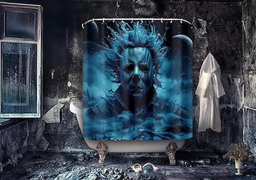 Miniatura 2 de Cortina de ducha de decoración de Halloween para Michael Myers  72 x 72 pulgadas con 10 ganchos, adhesivo de inodoro y 2 postales de Halloween