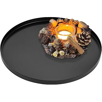 Round Tray Black Metal with 3 Non-Slip Serving Tray Round Decorative Plate Decorative Tray Matt Diameter 32 cm Black