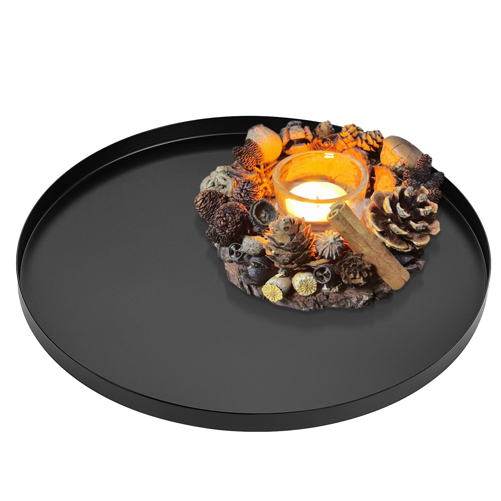 WIYETY Plateau Métal Noir 32 Cm - Plateau Rond Déco - Pour Café, Bijoux, Cosmétiques - Design Moderne