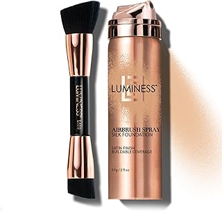 LUMINESS Silk Airbrush Spray Foundation & Buffing Brush Kit – Full Coverage Foundation & Dual-Sided Buffing Brush - Buildable Coverage, Anti-Aging Formula Hydrates & Moisturizes (Shade - Light Medium)