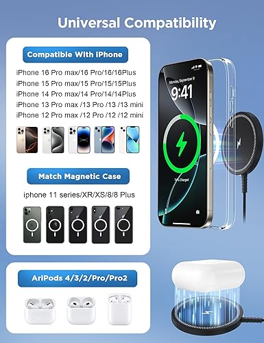 Miniatura 3 de Cargador inalámbrico magnético de carga rápida con imán fuerte almohadilla de carga para iPhone 171615141312 - Serie y AirPods Pro 4-2, puertos