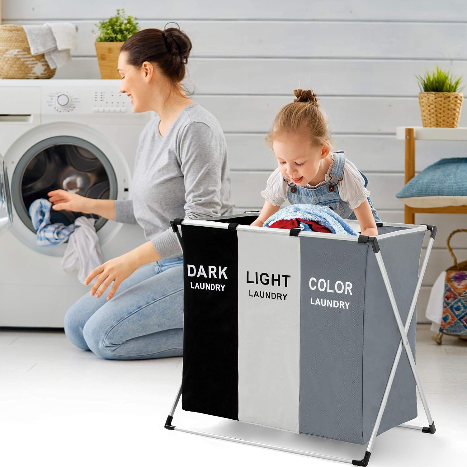 Moloni 135L Laundry Hamper Sorter Basket 3 Sections,with Waterproof Bag and Aluminum Frame,Foldable Portable Divided Storage Dirty Clothes Organizer for Bathroom Bedroom with Laundry Bag
