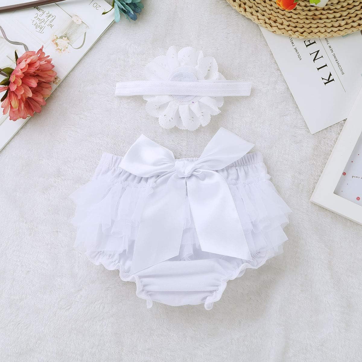 Alvivi Infant Baby Girls Cotton Tulle Ruffle Diaper Covers Bloomer with Flower Headband