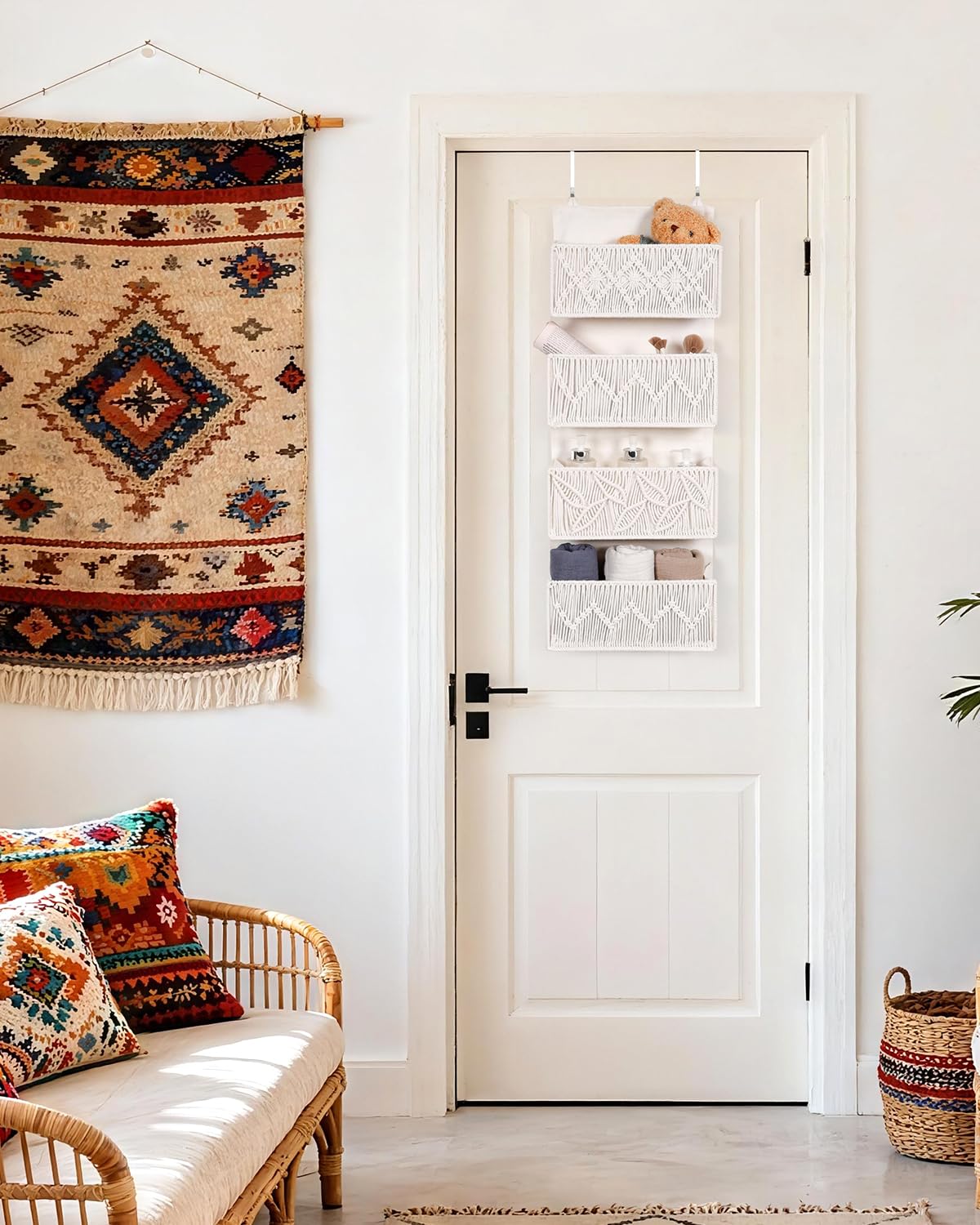 ANTIS'S HOME Organizador colgante para colgar sobre la puerta, tejido a mano de lino de algodón beige con 4 bolsillos, almacenamiento vertical para dormitorio, baño, guardería, cocina, organizador
