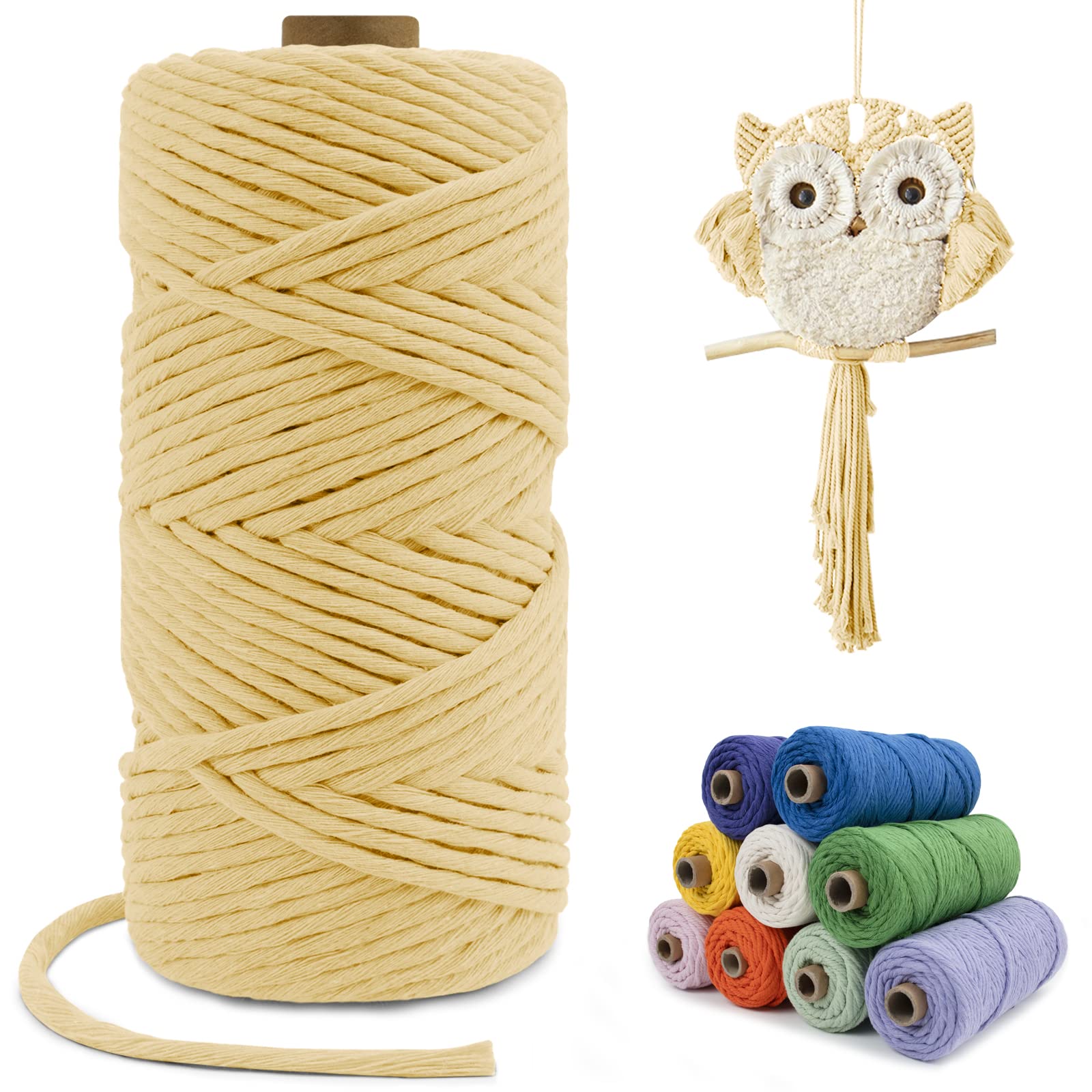 Corde macramé 4mm simple torsion coton naturel 100m fil jaune clair haute souplesse de nouage