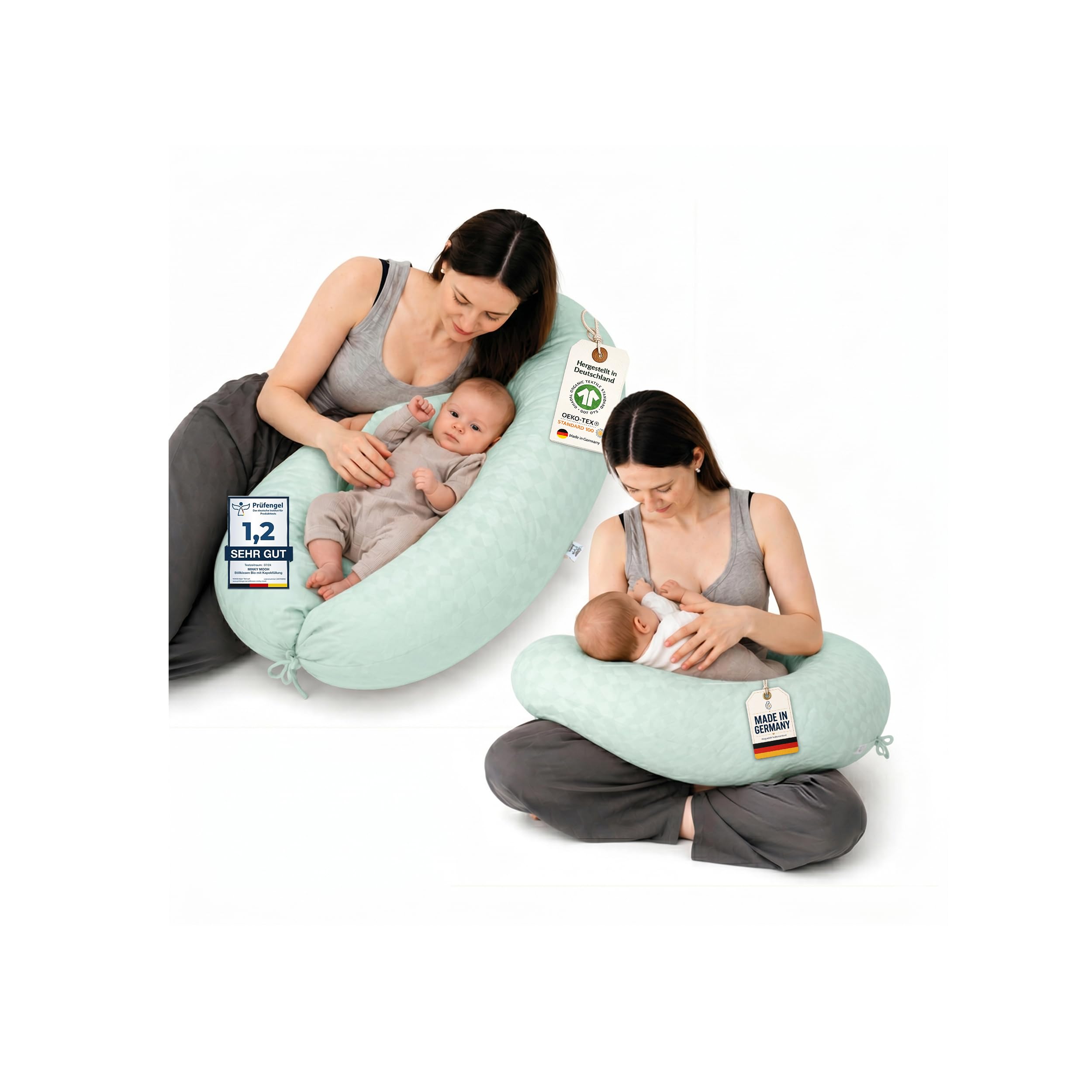 Minky Mooh® - Stillkissen XXL Bio Baumwolle (Öko-Tex 100) mit Kapok Füllung (190x30cm) Mint - Großes Baby-Kissen zum Schlafen, Stillen & Flasche geben, Schwangerschaftskissen & Seitenschläferkissen