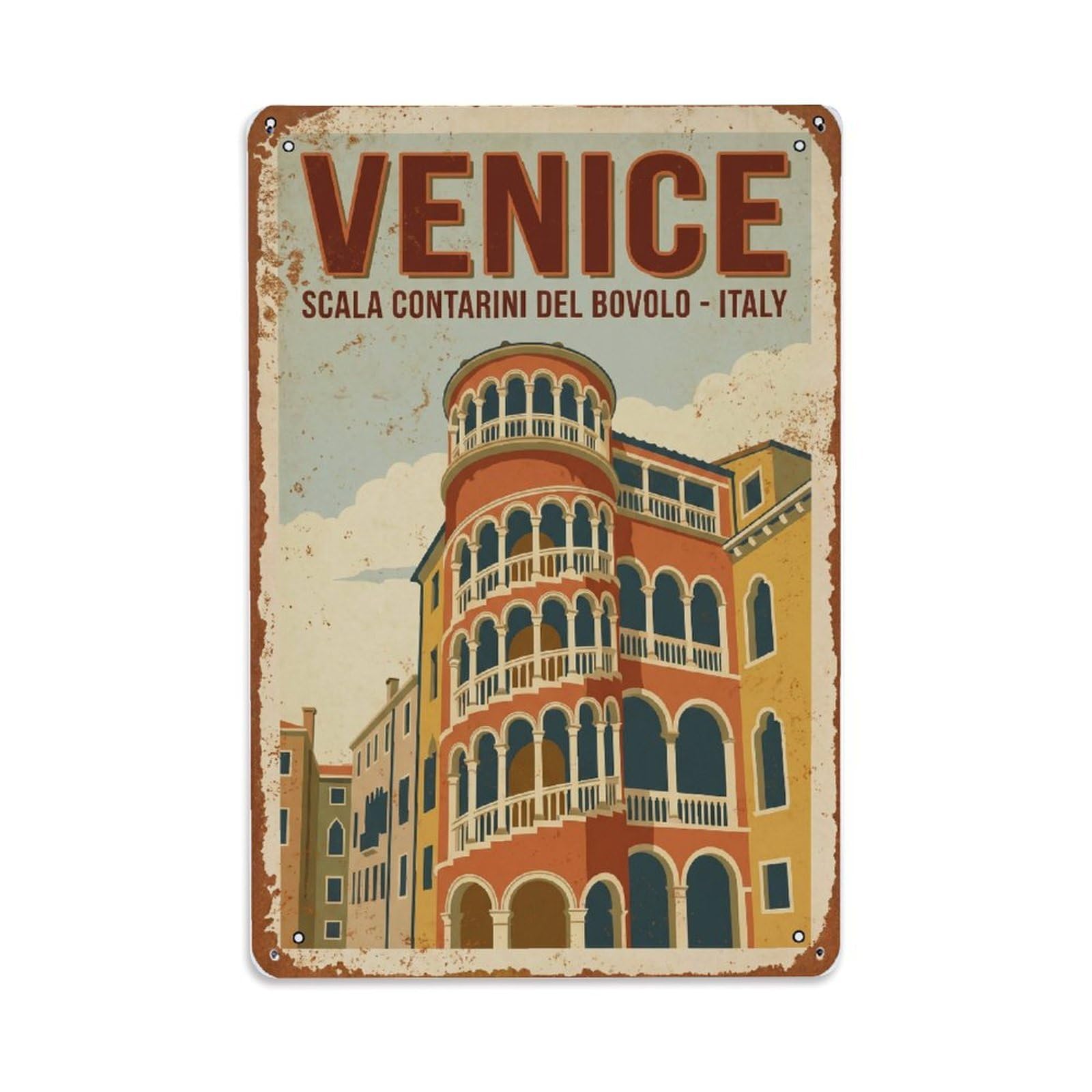 Vintage Travel Venice Scala Contarini Del Bovolo Spiral Staircase Rusted Italy Metal Tin Sign Plaque Wall Decor for Cafe, Club Bar, Office, Home Garden Metal Poster 8x12Inch