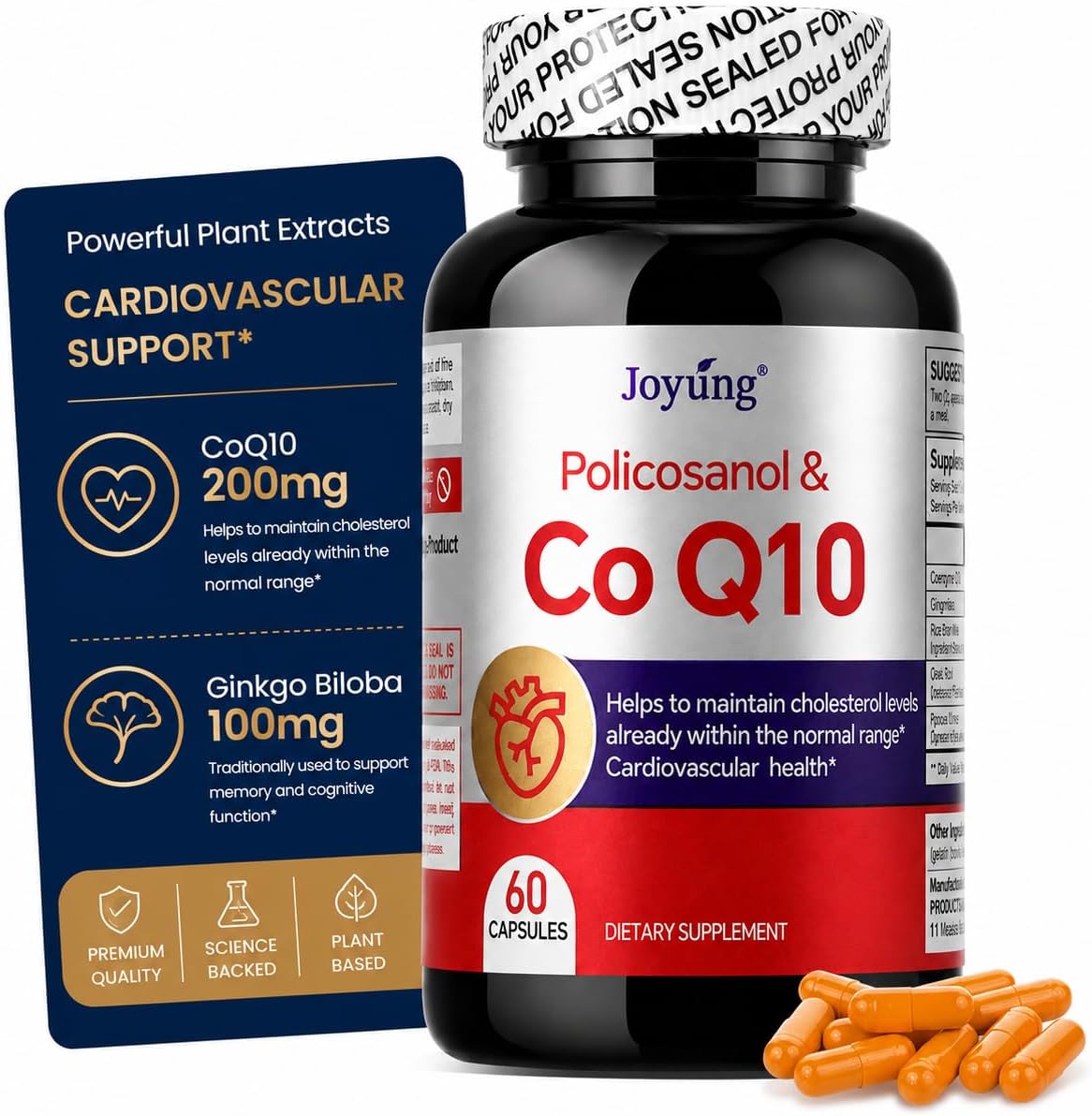 Joyung CoQ10 200mg Supplement with Ginkgo Biloba 100mg - coenzyme Q10, Supports Heart Health, Brain Function, Cellular Energy Production & Healthy Aging* - Third-Party Certified 60 Capsules