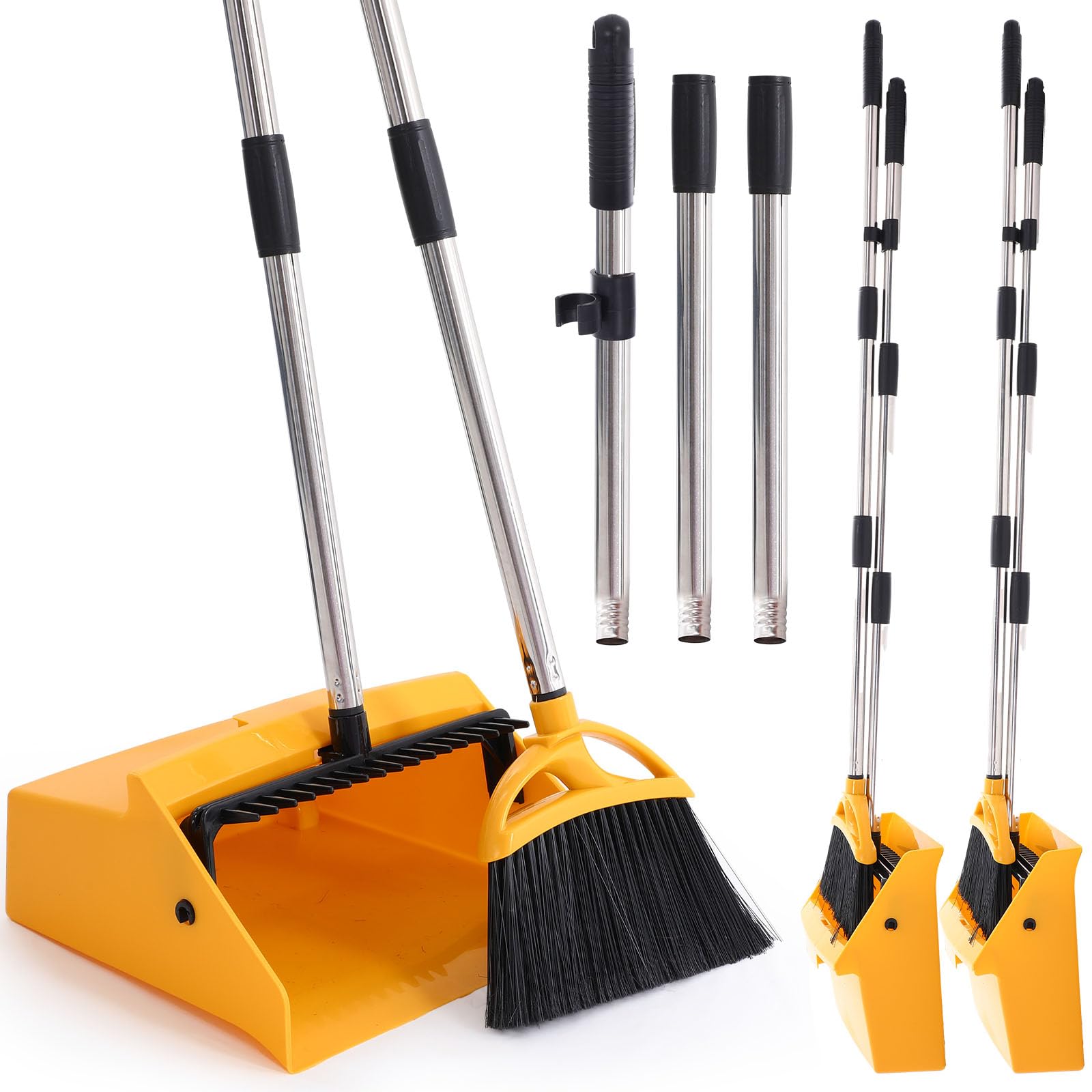 4 Pcs Broom and Dustpan Set with Comb, Collapsible Standing, Yellow
