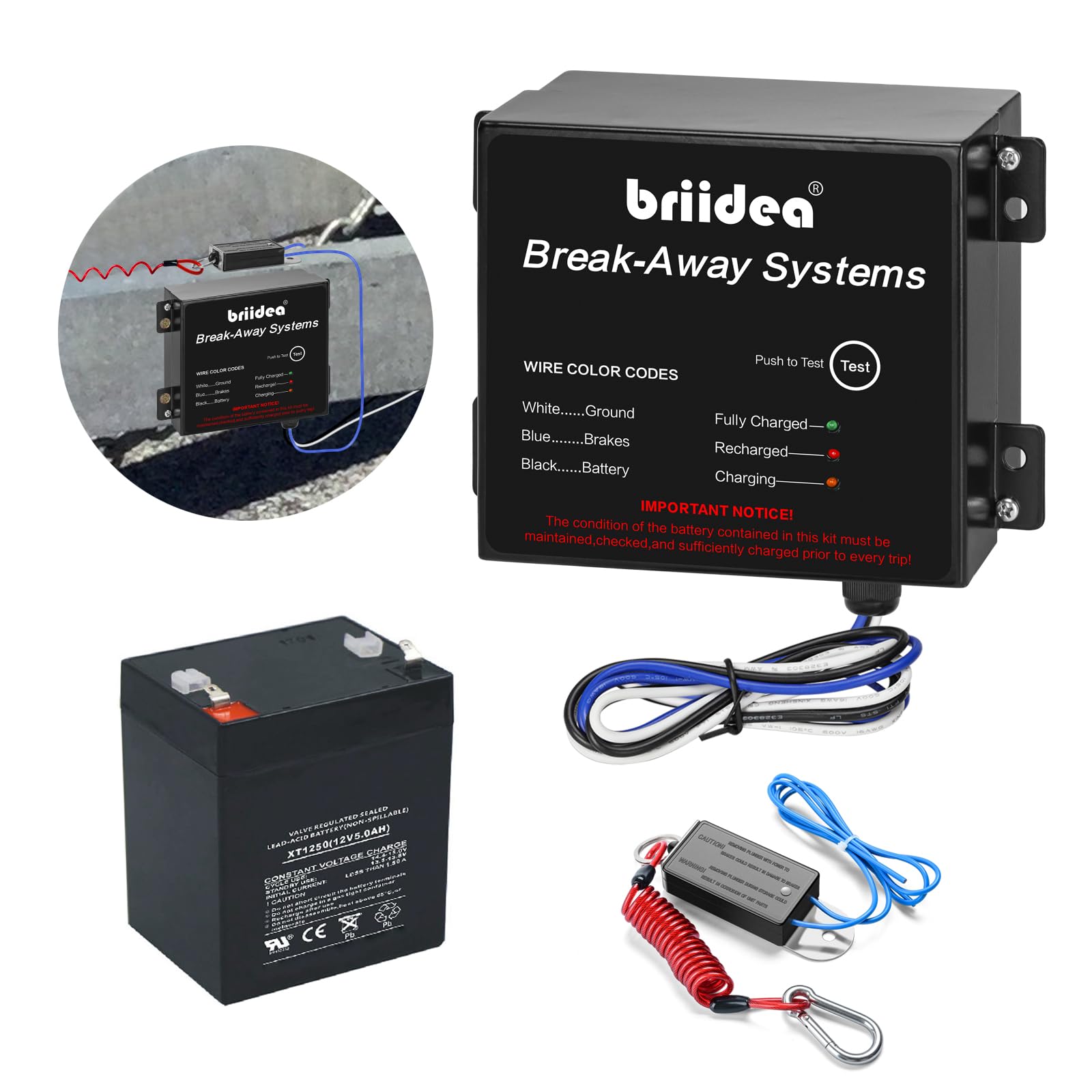 briidea Trailer Brakeaway Kit, Trailer Brakes Breakaway Kit with 12V 5AH Battery and Charger, LED Indicator, All Metal Waterproof Enclosure, Designed for Safe Towing, Ensure Your Driving Safety