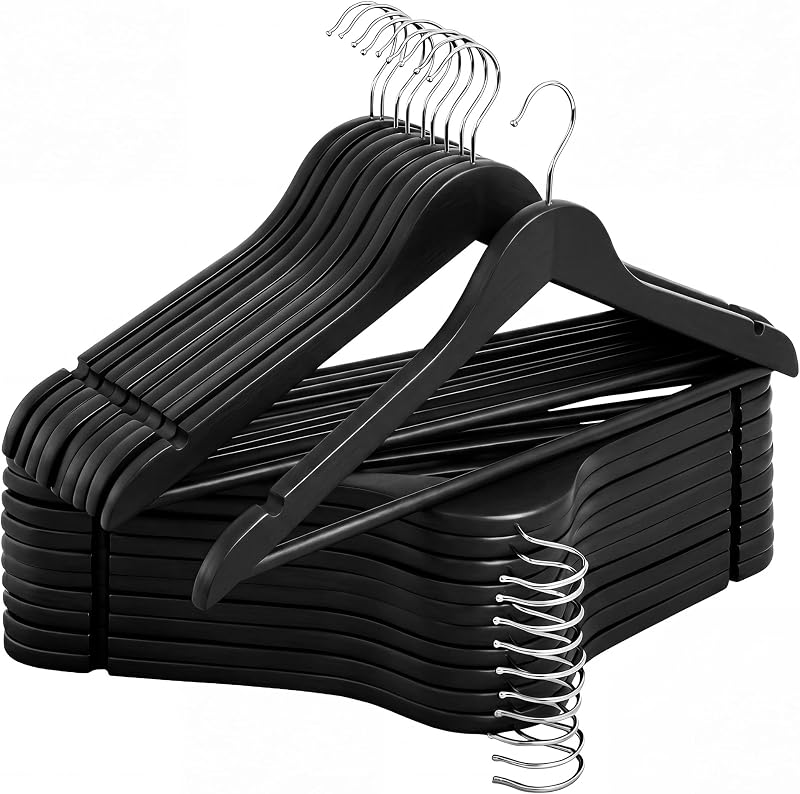 StorageWorks Wooden Coat Hangers, 20 Pack Wood Clothes Hanger for Closet | Black Solid Slim Wood Hangers with Smooth Finish, 360° Swivel Hook and Notched Shoulders for Clothing and Closet