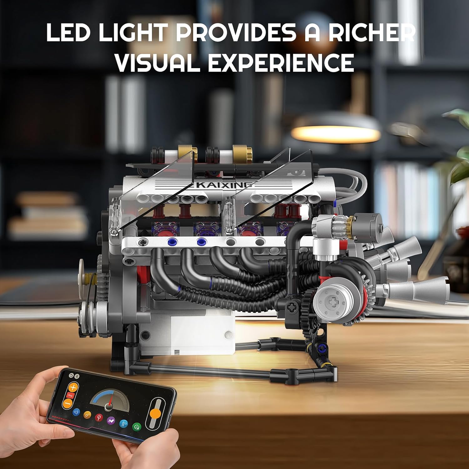 V8 Engine Building Blocks Set, APP Controlled Combustion Model Kit with Rechargeable Motor, Physical Science Experiment Toy for Adults (664 PCS)