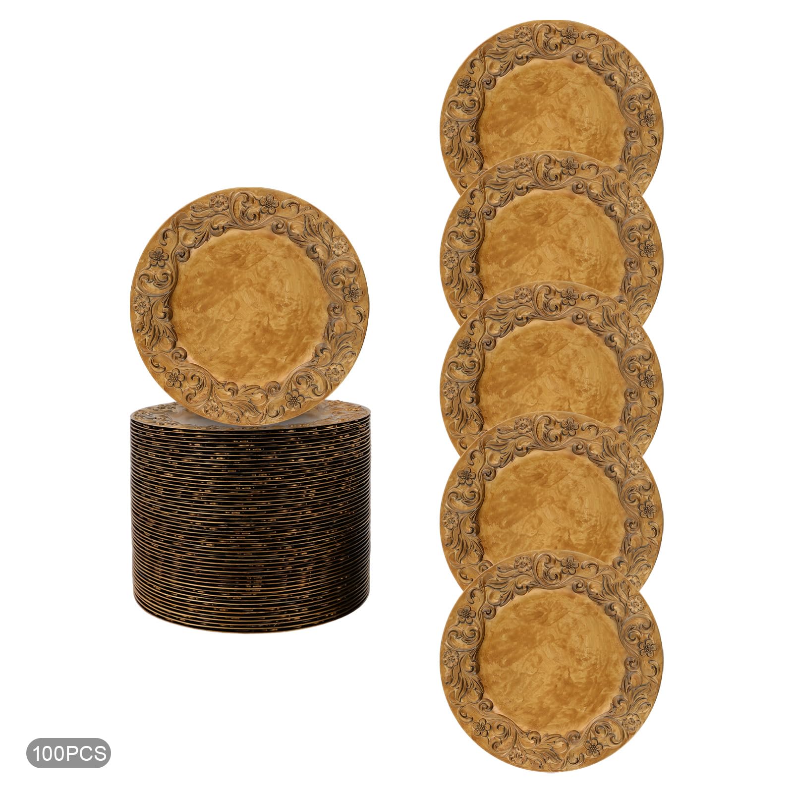 WooDerson WooDersonLuxusKrone Goldene Platzteller 100er Set, Runde Kunststoff Teller Mit Reliefrand, Untersetzer Für Hochzeit, Party, Bankett Und Hotel