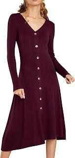 R.Vivimos Women's Winter Cotton Long Sleeves V-Neck Casual Button Down Knit Sweater Midi Dress Price In India