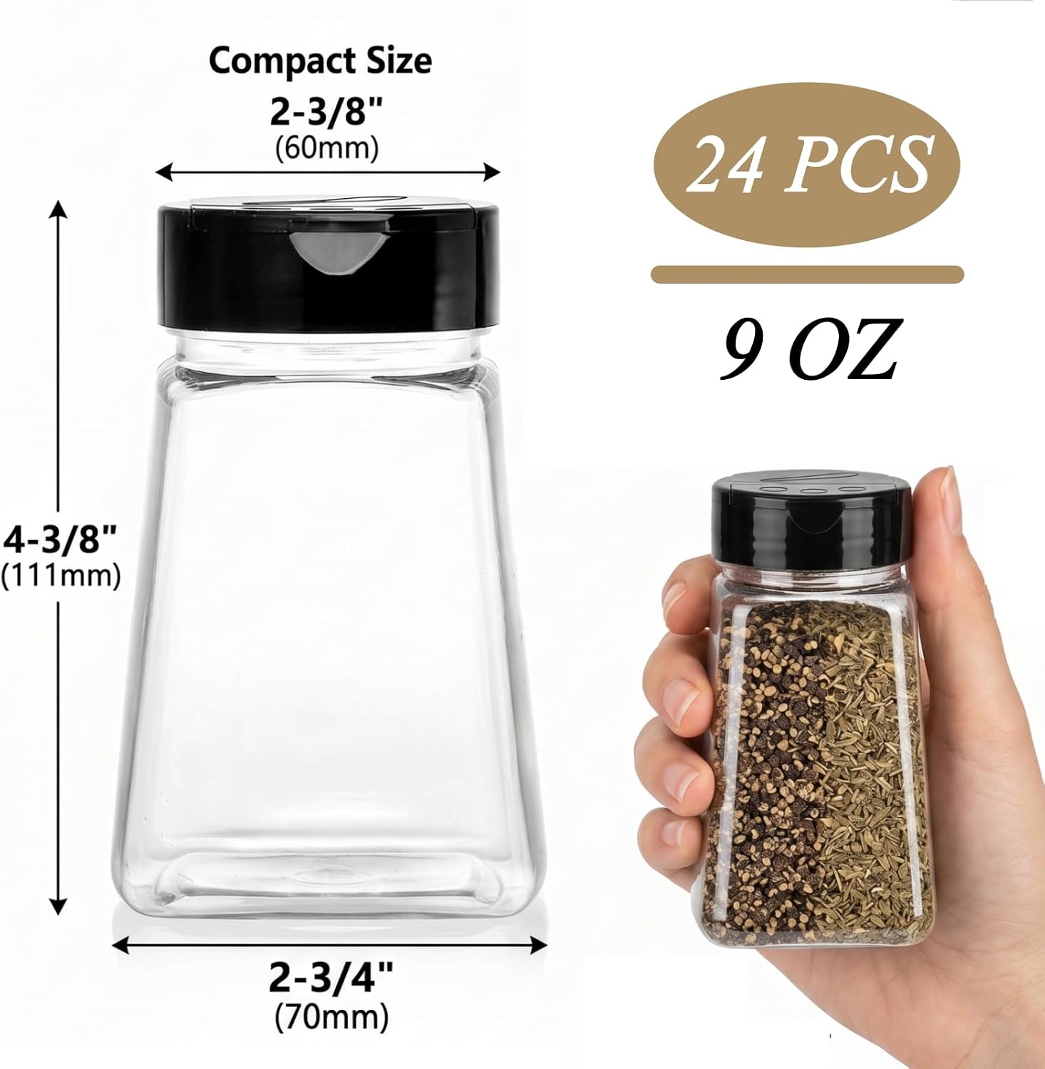 Tebery 24 Pack 9 Oz Plastic Spice Jars with Black Cap, Reusable Seasoning Containers Bottles for Kitchen Organization, Clear Plastic Spice Container with Shaker Lids for Spices Powders Herbs image 2