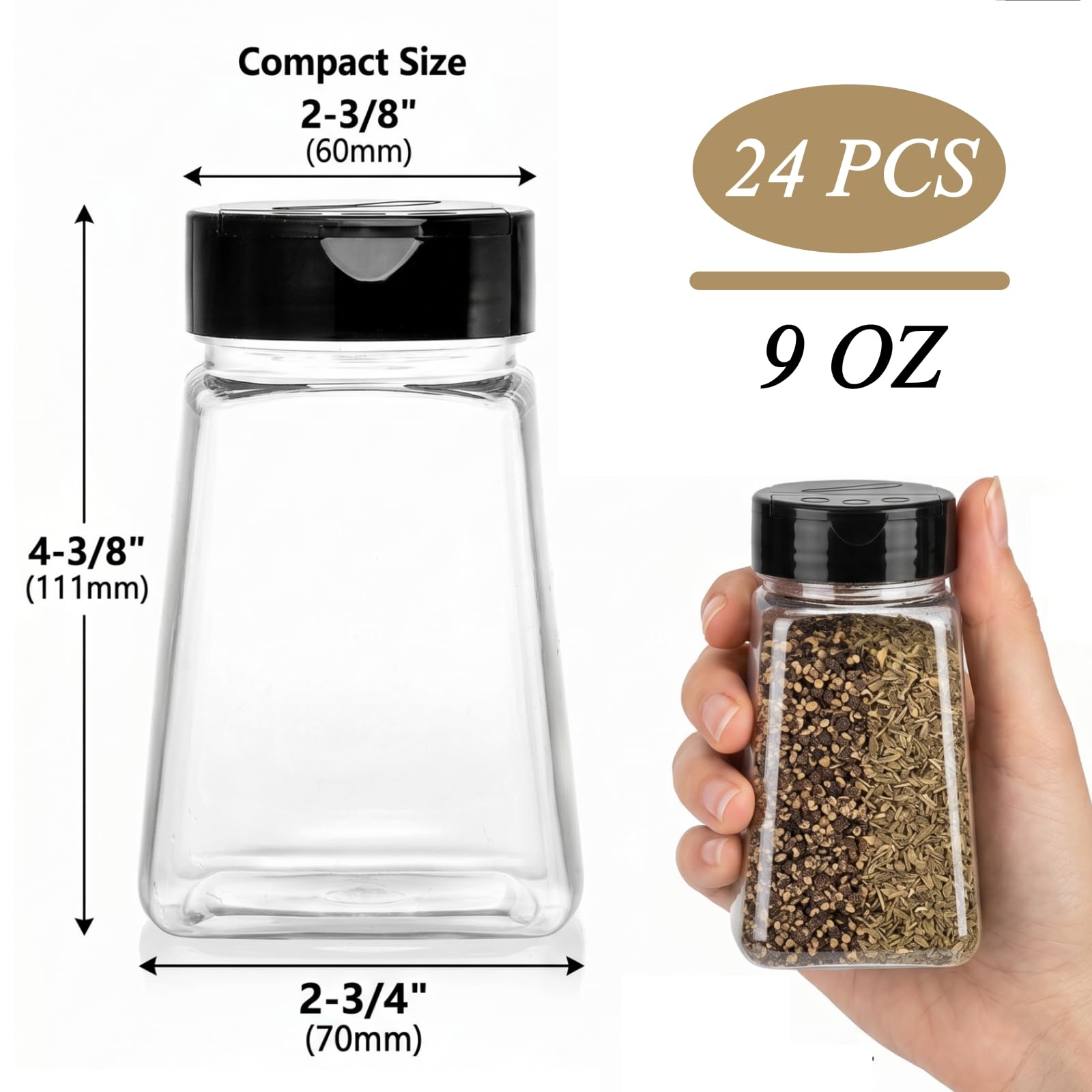 Tebery Lot de 24 pots à épices en plastique transparent avec couvercle à rabat noir, 255 ml - Pour verser ou tamiser les épices, les herbes et les poudres