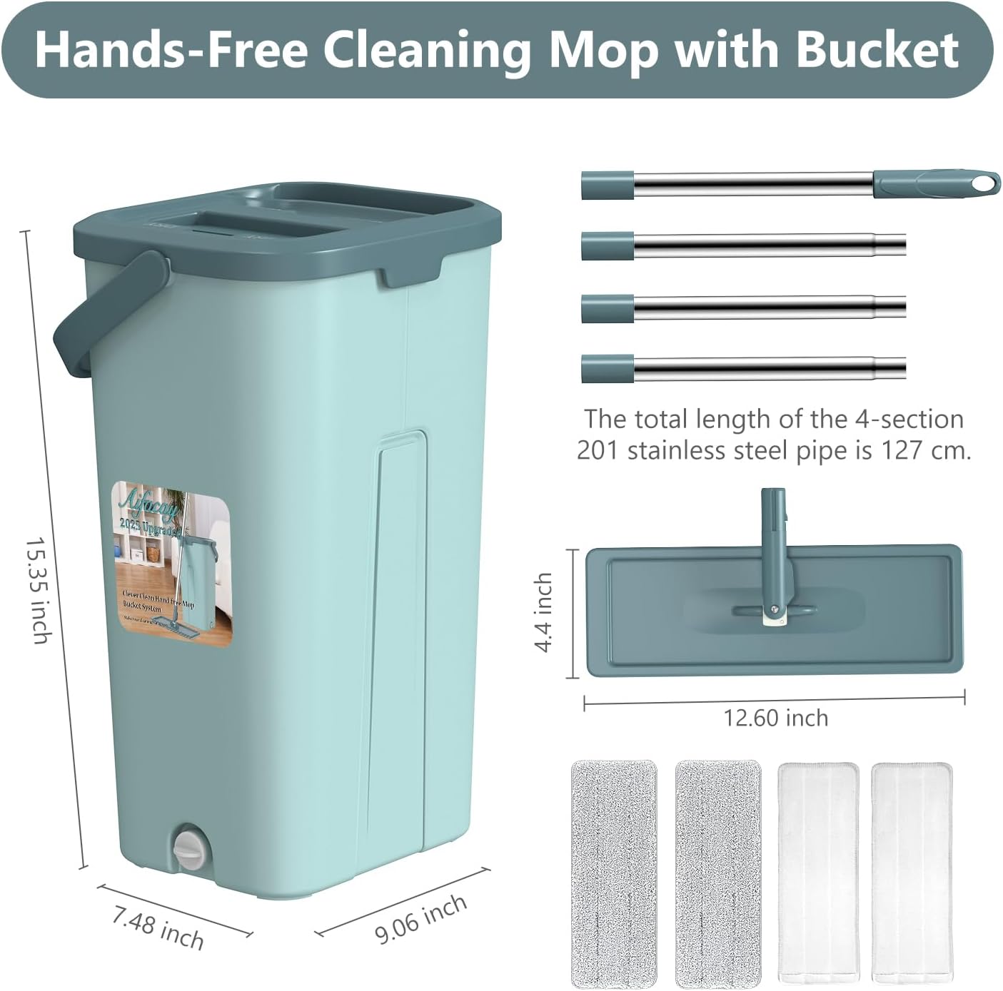 Mop and Bucket with Wringer Set, Flat Squeeze Mop and Bucket System for Home, Wet & Dry Use Wall Mop System with 4 Microfiber Pads, Separates Dirty & Clean Water Handimop Bucket Set for Floor Cleaning