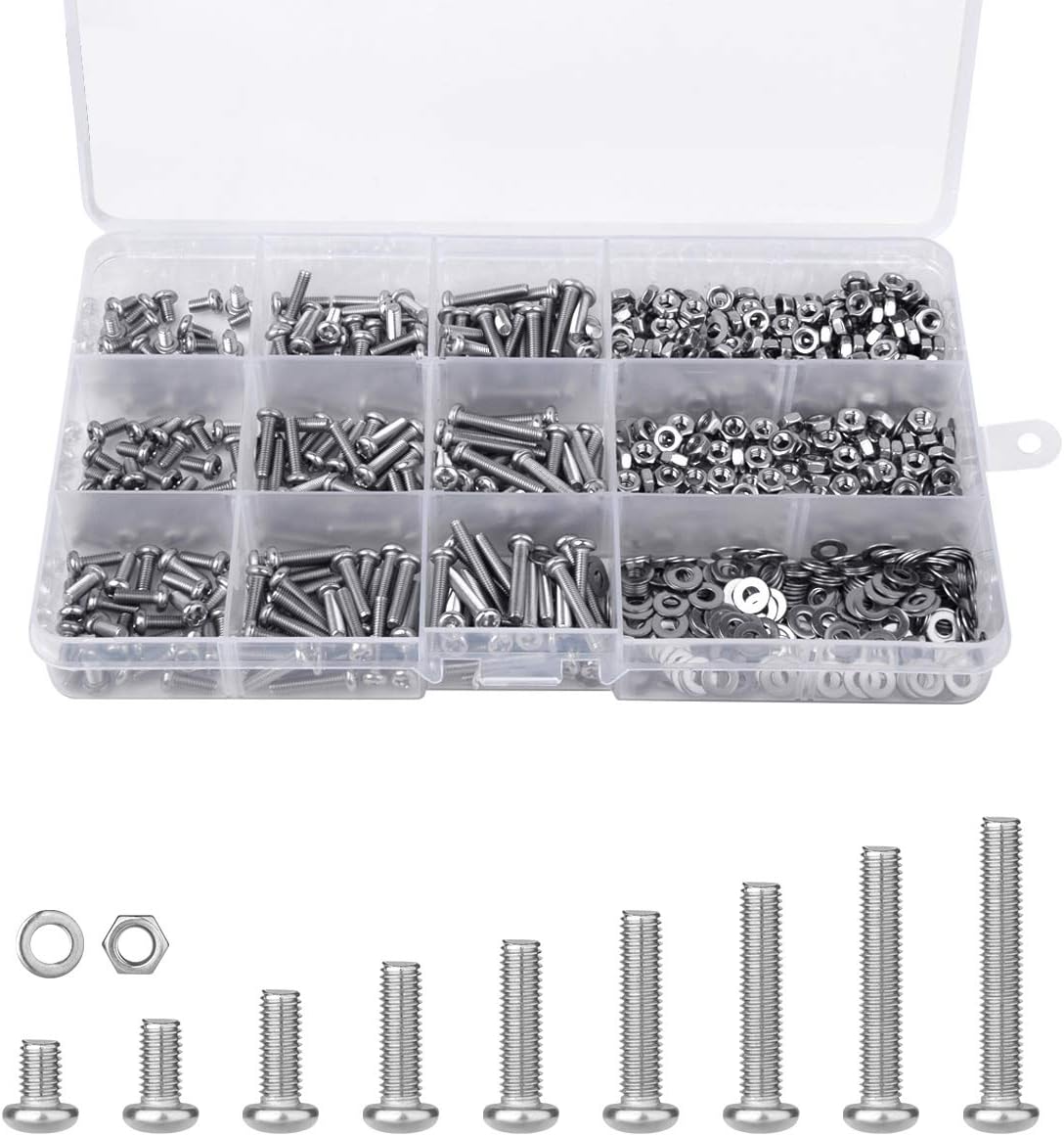 LoscrewM3 Phillips Pan Head Screws Set,9 Kinds of Size Hex Socket Button Head Screw Nuts Kit Stainless Steel Bolts Nuts Flat Washers Machine Screws Kit(765pcs)