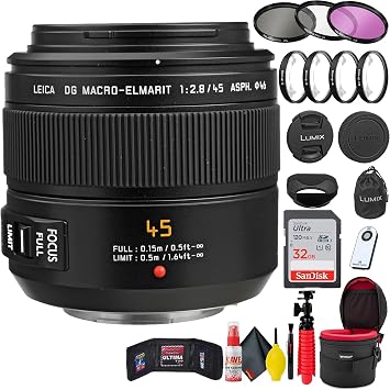 DG Macro-Elmarit H-ES045 45mm f/2.8 ASPH Mega O.I.S Lens + 32GB SD Card + Close Up Filter + Filter Kit + Lens Cap + Lens Case + Memory Card Wallet + Tripod + Cleaning Kit + More