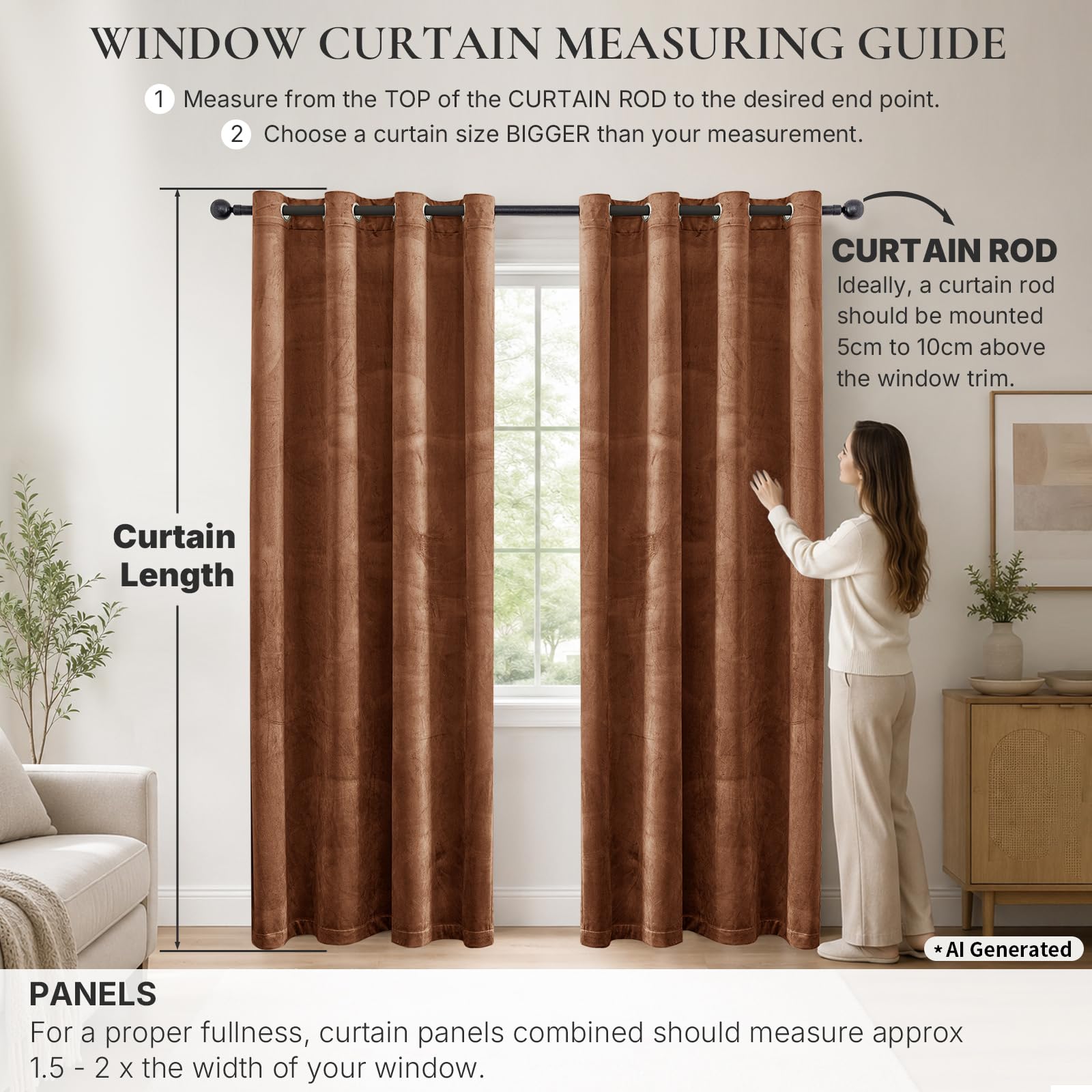Ystyle Samt Vorhang Blickdicht 2er Set, H225 x B140 cm, Karamell