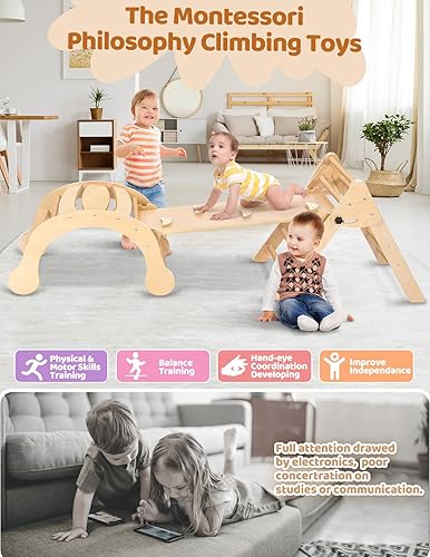 Miniatura 4 de YOLEO Juego de triángulos Pikler mejorado, triángulo de escalada Montessori plegable 7 en 1 con rampa y balancín de arco, juguetes de escalada