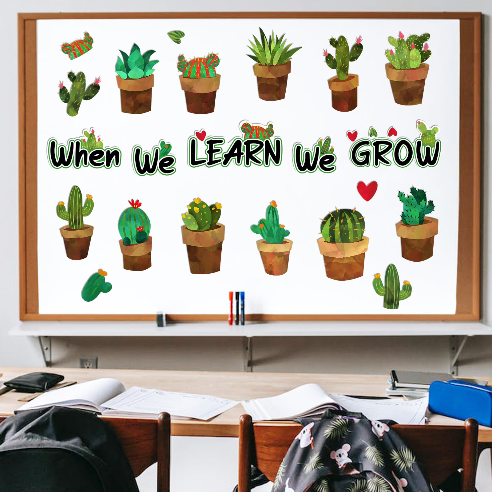 BelleAngle Kaktus Pinnwand-Dekoration Set – 36 Teile Mit Motto 'Wenn Wir Lernen, Wachsen Wir' Für Klassenzimmer & Kindergarten