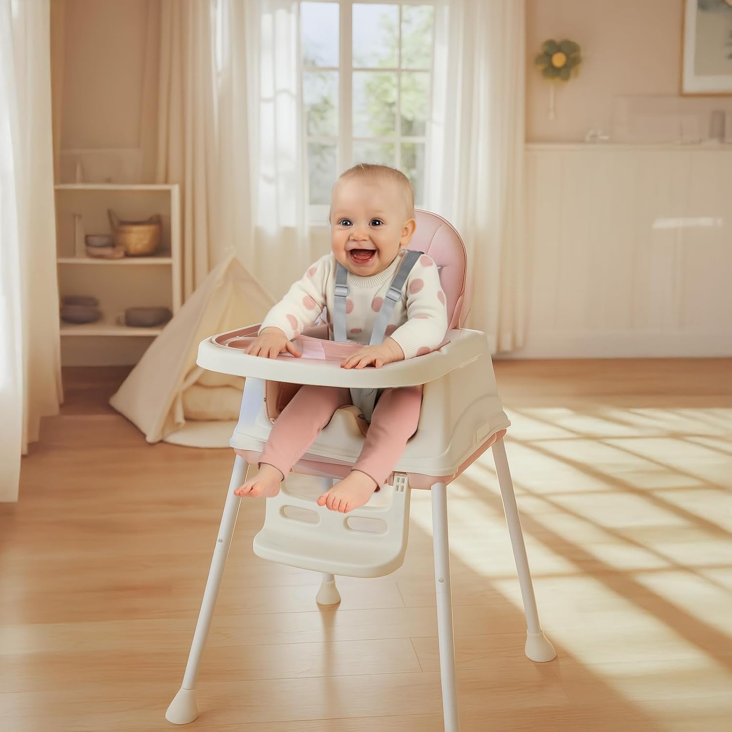 Ktaxon 6-in-1 Baby High Chair, Portable Convertible Highchair with Removable Dual-Layer Tray, 5-Point Safety Harness and Locking Wheels for Toddlers & Babies, Pink