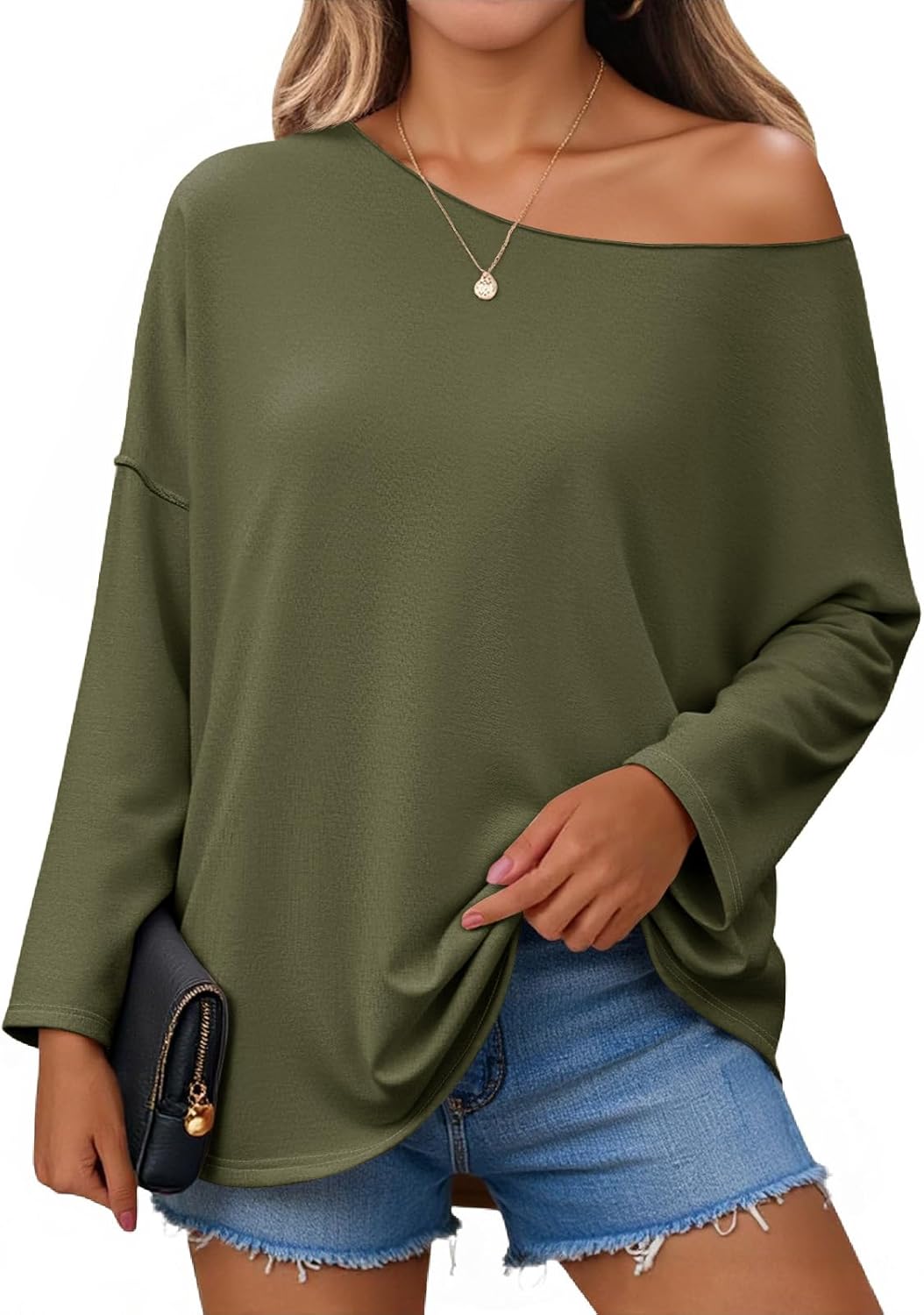 Tankaneo Womens Oversized Off The Shoulder Tshirts Summer Casual Long Sleeve Tunic Tops Boat Neck Loose Fit Flowy Sweatshirt