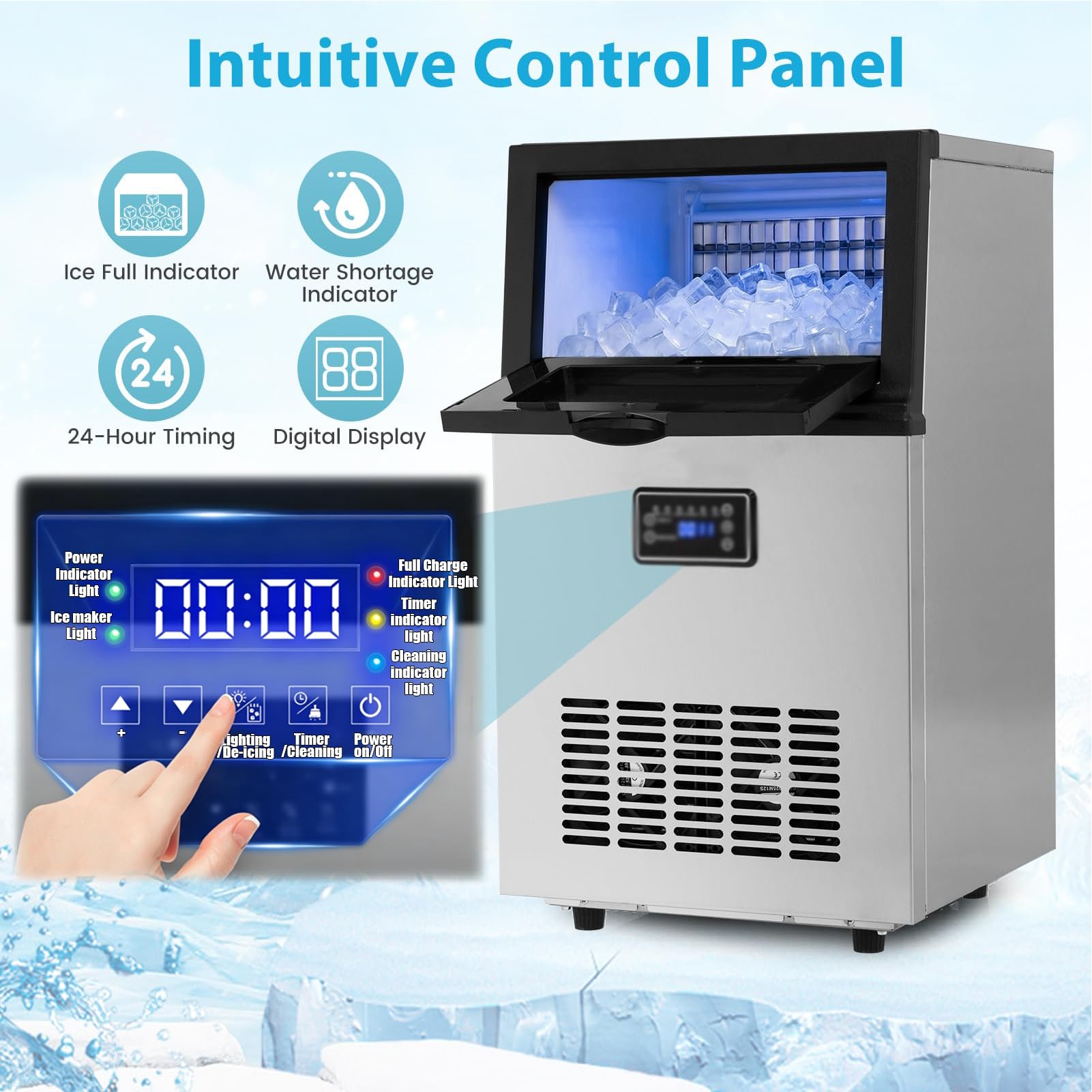 Macchina per Ghiaccio Commerciale, Fabbricatore di Ghiaccio Elettrico da 300W con Display Digitale e Paletta per Ghiaccio, 2 Metodi di Alimentazione dell’Acqua, 45 kg/24 h, 50kg/24h-15kg Ice Storage