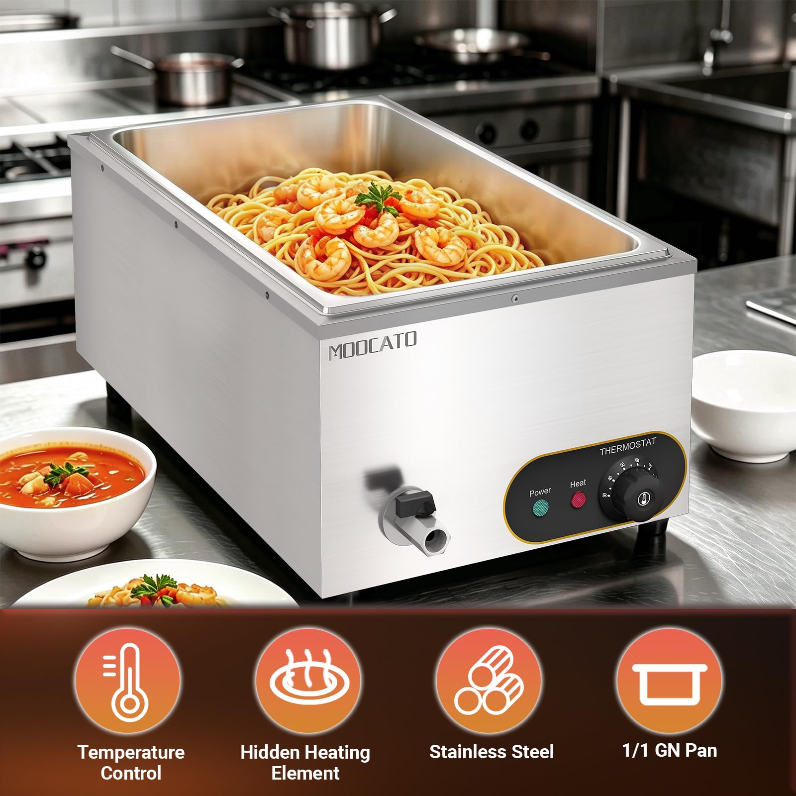 Bain Marie scaldavivande a bagnomaria, contenitore Gastro GN, professionale, in acciaio inox, con rubinetto di scarico e coperchio (contenitore da 1/1 GN)