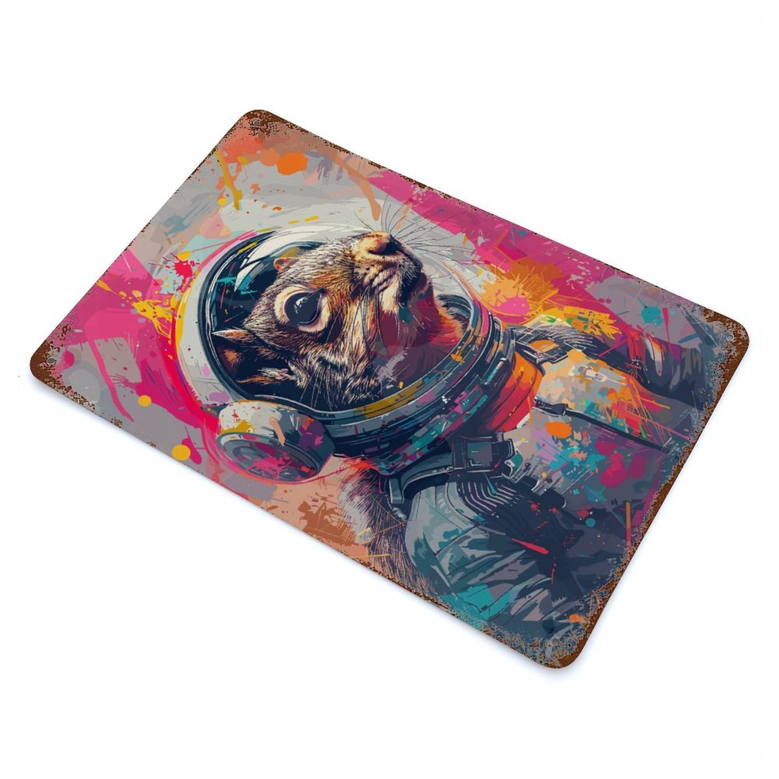 Rusty Metal Tin Sign with Astronaut Space Squirrel Design 11.8"x7.9", for Farmhouse, Kitchen And Entryway Decor, Rustic Home Decor