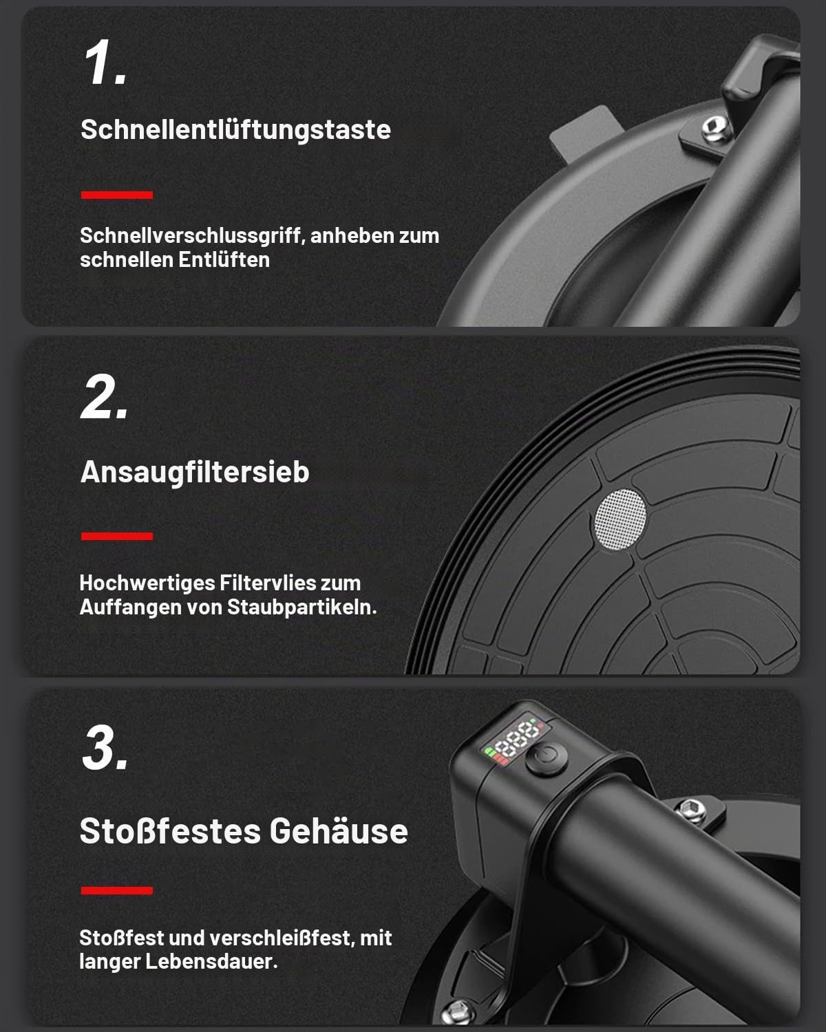 Elektrischer Vakuum Saugheber 8'' Selbstnachsaugend mit Digitalanzeige, Glassauger und Fliesenheber, Tragkraft über 280 KG, für Mattiert und glatte Oberflächen, Plattenheber für Glas, Fliesen