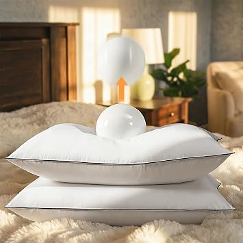 Luxury Hotel Goose Feather Down Fiber Pillows Standard Size Set of 2, Fluffy Medium Support Bed Pillows for Sleeping, 3-Layer Design with 400TC Cotton Cover, Down-Proof for Side & Back Sleepers