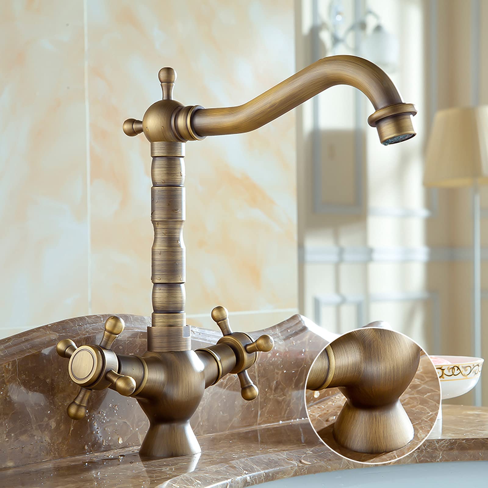 ZYCHSJXA Antique Bronze Bath Sink Faucets Dual Handle Single Hole Hot Cold Water Mixer Crane Kitchen Faucet
