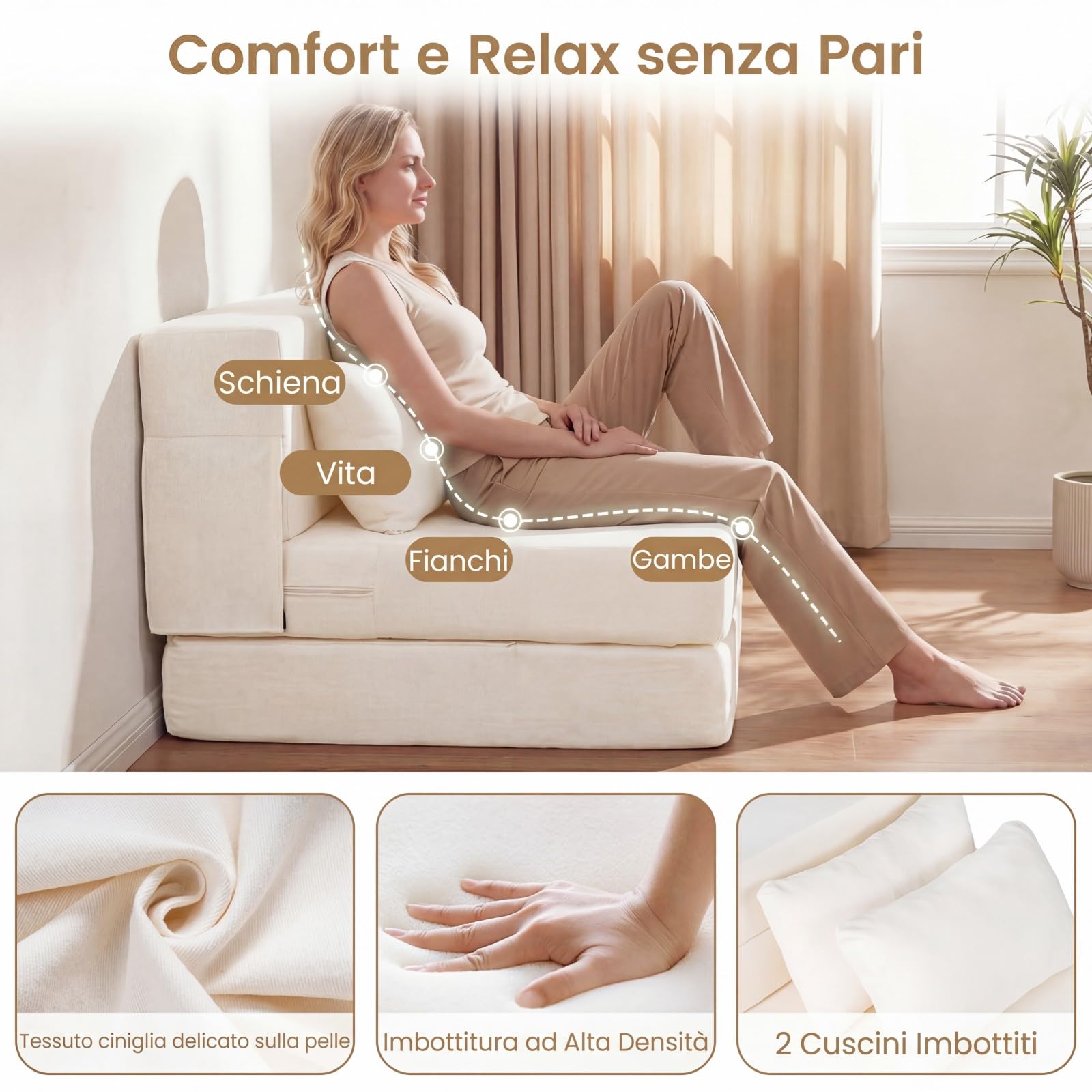 COSTWAY 3 in 1 Divano Letto Pieghevole, Poltrona Letto Convertibile con 2 Cuscini, Divano a 2 Posti in Tessuto Chenille, per Soggiorno Camera da Letto Ufficio (Beige,S)