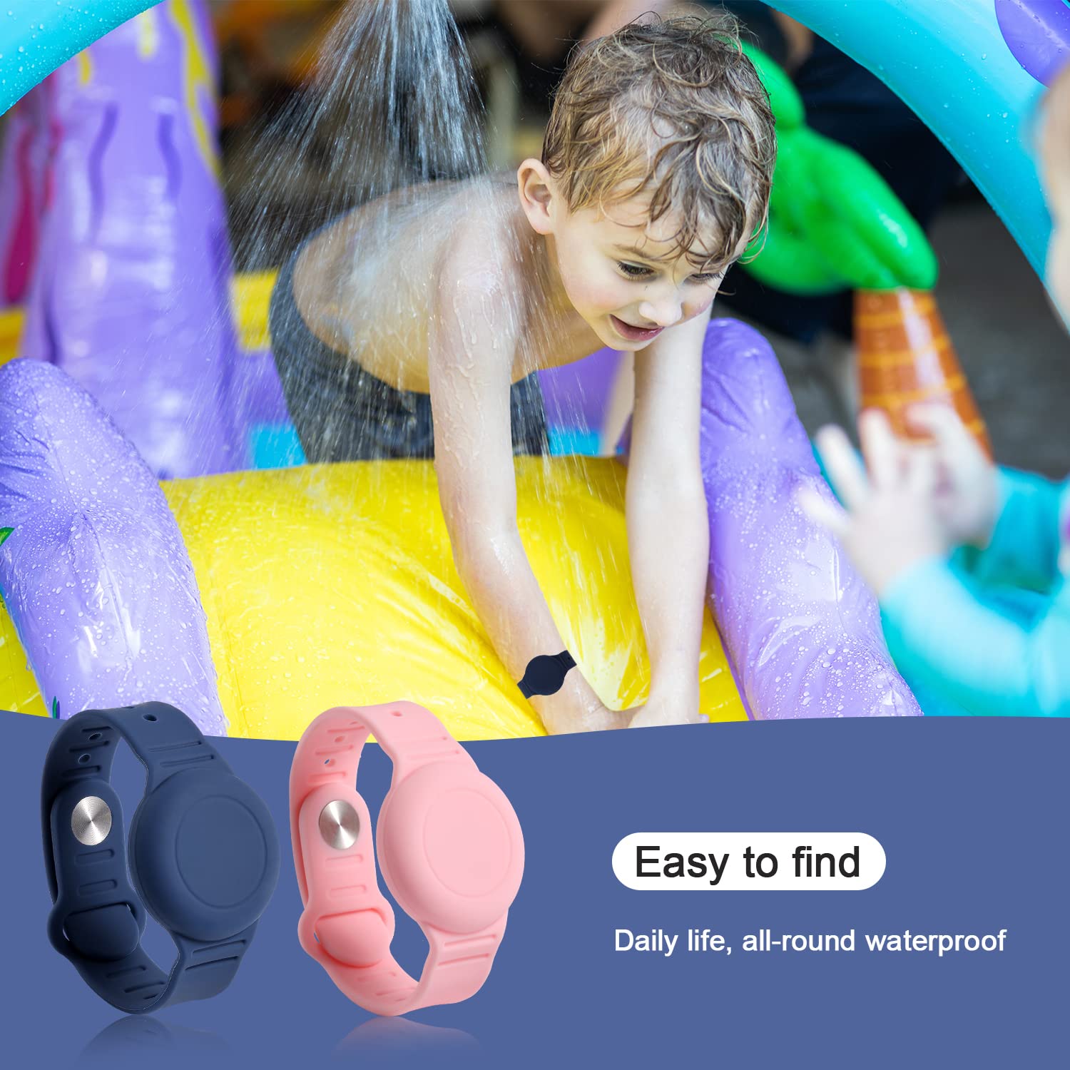 2pz Braccialetto per Bambini AirTag Impermeabile Regolabile Anti Perso Silicone Porta Airtag per Nascondere il Localizzatore GPS (Rosa, Blu Scuro)